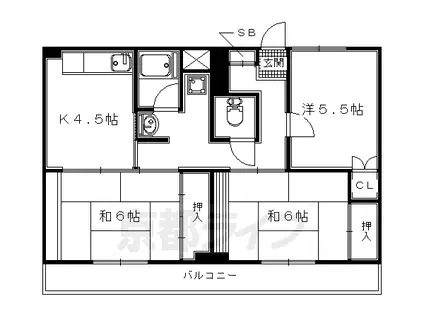 近鉄京都線 久津川駅 徒歩9分 4階建 築59年(3DK/4階)の間取り写真