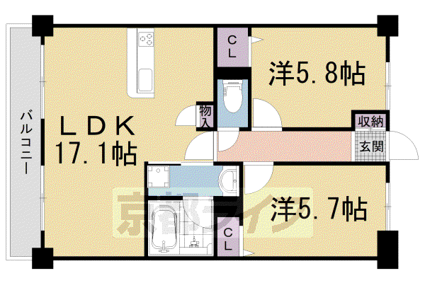 奈良線 六地蔵駅(ＪＲ) 徒歩5分 5階建 築5年(2LDK/2階)の間取り写真