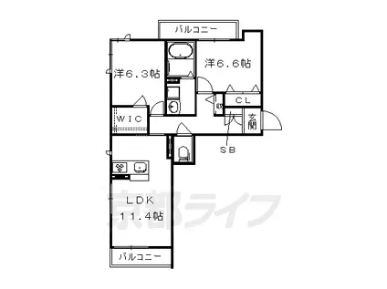 山陰本線 円町駅 徒歩9分 3階建 築9年(2LDK/3階)の間取り写真