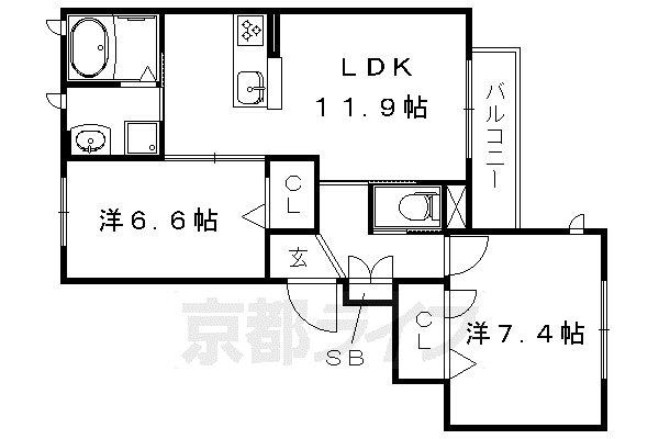 山陰本線 円町駅 徒歩7分 3階建 築9年(2LDK/2階)の間取り写真
