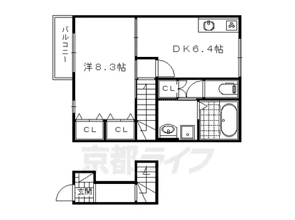 京都市烏丸線 北山駅(京都) 徒歩12分 2階建 築8年(1DK/2階)の間取り写真