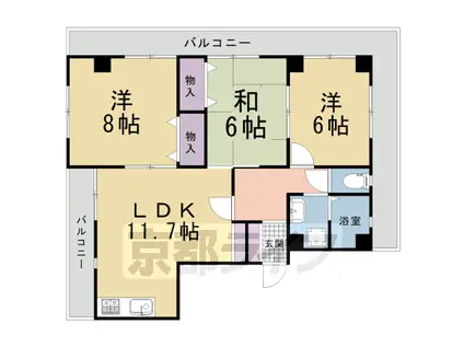 京福北野線 北野白梅町駅 徒歩11分 3階建 築46年(3LDK/3階)の間取り写真