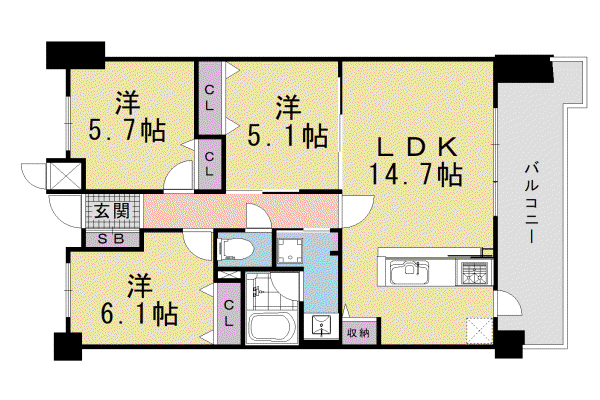 近鉄京都線 十条駅(近鉄) 徒歩10分 7階建 築18年(3LDK/6階)の間取り写真