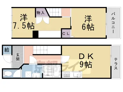 山陰本線 二条駅 徒歩7分 2階建 築66年(2DK)の間取り写真
