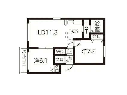 札幌市東西線 宮の沢駅 徒歩5分 3階建 築21年(2LDK/1階)の間取り写真