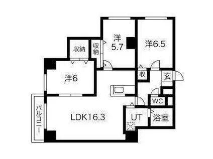 札幌市東西線 二十四軒駅 徒歩20分 9階建 築28年(3LDK/6階)の間取り写真