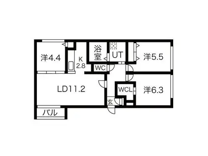 函館本線 手稲駅 徒歩7分 4階建 築2年(3LDK/1階)の間取り写真