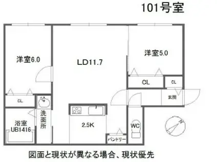 札幌市東西線 発寒南駅 徒歩11分 4階建 築9年(2LDK/1階)の間取り写真