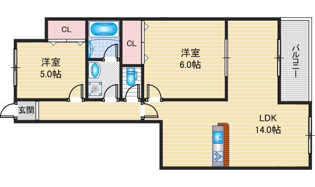 MSヒルズ千里丘ノース(2LDK/1階)の間取り写真