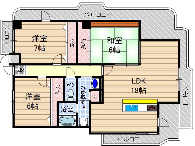 ロイヤル南茨木(3LDK/6階)の間取り写真