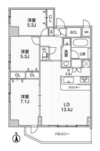 LA DOUCEUR西宮北口(3LDK/6階)の間取り写真
