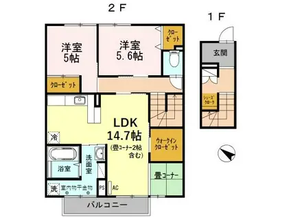 富山地鉄富山市内線 大町駅(富山) 徒歩14分 2階建 築11年(2LDK/2階)の間取り写真