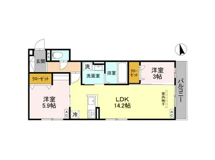 富山地鉄富山港線 越中中島駅 徒歩9分 2階建 築1年(2LDK/2階)の間取り写真