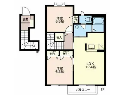 万葉線 越ノ潟駅 徒歩28分 2階建 築19年(2LDK/2階)の間取り写真