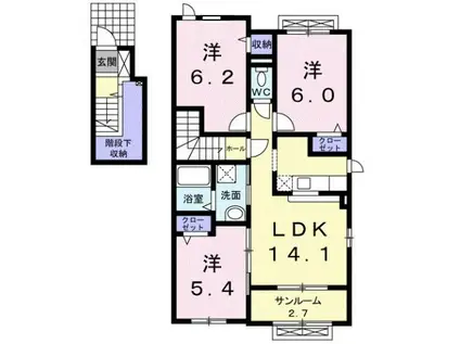 富山地鉄富山港線 競輪場前駅(富山) 徒歩5分 2階建 築13年(3LDK/2階)の間取り写真