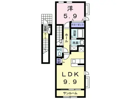 富山地鉄富山市内線 富山大学前駅 徒歩17分 2階建 築21年(1LDK/2階)の間取り写真