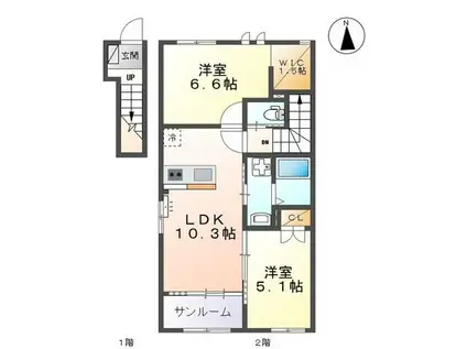 富山地鉄不二越上滝 朝菜町駅 徒歩33分 2階建 築4年(2LDK/2階)の間取り写真