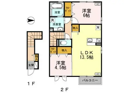 富山地鉄富山港線 犬島新町駅 徒歩18分 2階建 築12年(2LDK/2階)の間取り写真