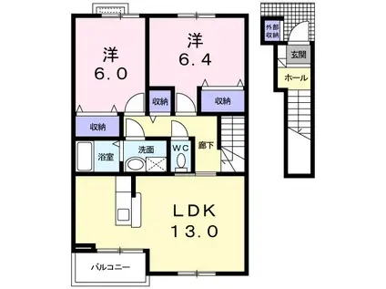 富山地鉄不二越上滝 南富山駅 徒歩39分 2階建 築21年(2LDK/2階)の間取り写真