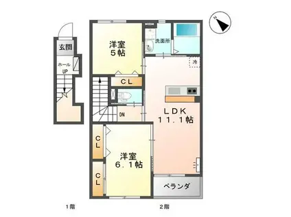 富山地鉄不二越上滝 大泉駅(富山) 徒歩8分 2階建 築10年(2LDK/2階)の間取り写真