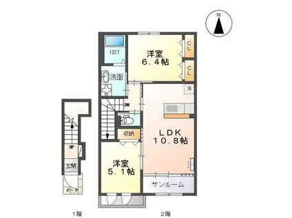 富山地鉄不二越上滝 朝菜町駅 徒歩26分 2階建 築7年(2LDK/2階)の間取り写真