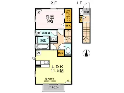 富山地鉄富山市内線 大町駅(富山) 徒歩35分 2階建 築15年(1LDK/2階)の間取り写真