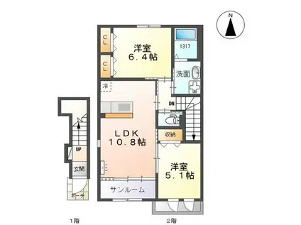 富山地鉄不二越上滝 朝菜町駅 徒歩26分 2階建 築7年(2LDK/2階)の間取り写真