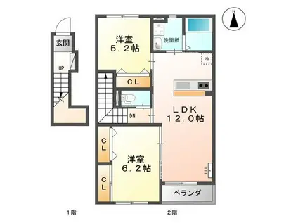 富山地鉄富山港線 越中中島駅 徒歩5分 2階建 築12年(2LDK/2階)の間取り写真