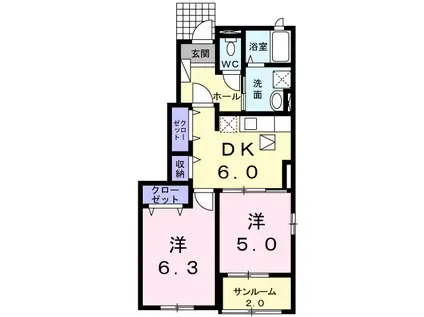 富山地鉄立山線 稚子塚駅 徒歩16分 2階建 築18年(2DK/1階)の間取り写真