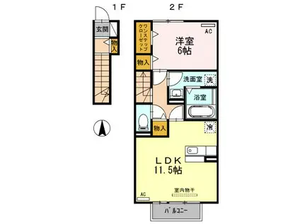富山地鉄富山市内線 大町駅(富山) 徒歩35分 2階建 築15年(1LDK/2階)の間取り写真