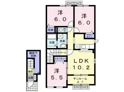 富山地鉄富山港線 競輪場前駅(富山) 徒歩4分 2階建 築12年(3LDK/2階)の間取り写真