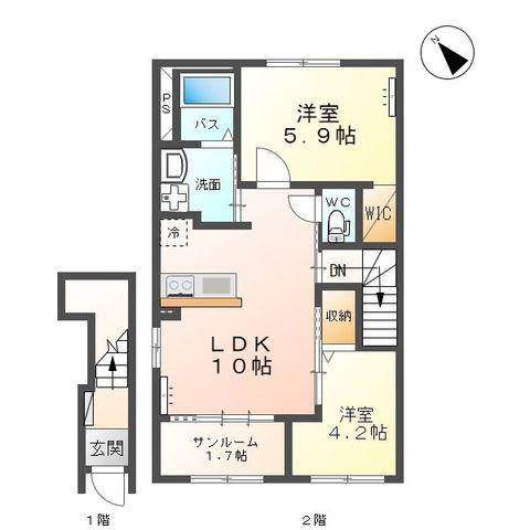 富山地鉄富山港線 萩浦小学校前駅 徒歩10分 2階建 築2年(2LDK/2階)の間取り写真