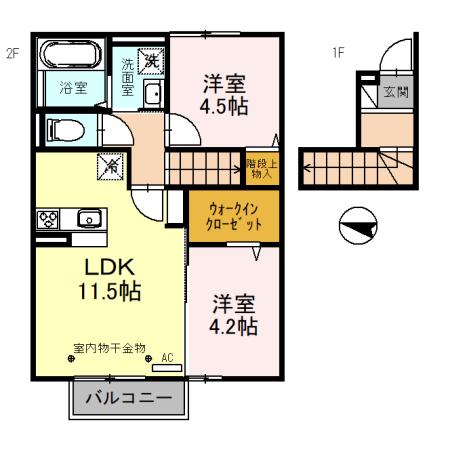 富山地鉄不二越上滝 大泉駅(富山) 徒歩7分 2階建 築6年(2LDK/2階)の間取り写真