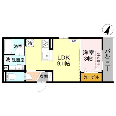富山地鉄富山港線 奥田中学校前駅 徒歩13分 3階建 新築(1LDK/2階)の間取り写真