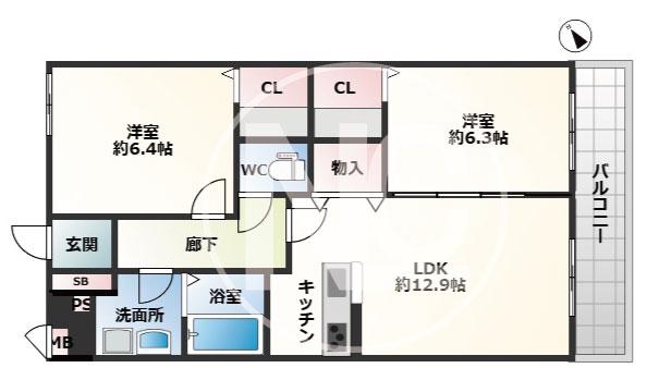 リーブソレイユ(2LDK/2階)の間取り写真