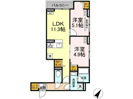 セレスティア下丸子(2LDK/2階)の間取り写真