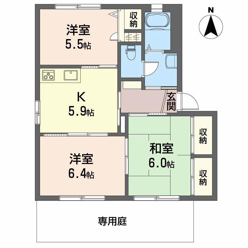 ピュア土居田(3K/1階)の間取り写真