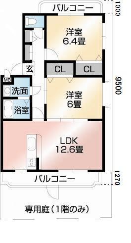 クレセント市坪(2LDK/1階)の間取り写真