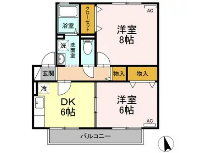 ハイムカサペルテ A・B・C棟(2DK/2階)の間取り写真