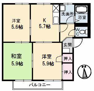 フレグランス南久米F棟(3K/2階)の間取り写真