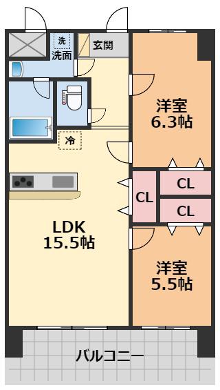 ブライムタワー古川(2LDK/9階)の間取り写真