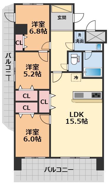 ブライムタワー古川(3LDK/11階)の間取り写真