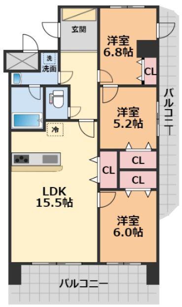 ブライムタワー古川(3LDK/7階)の間取り写真