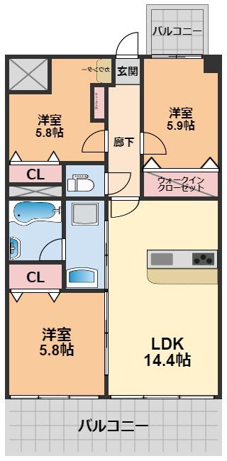 永田祝谷ビル(3LDK/13階)の間取り写真