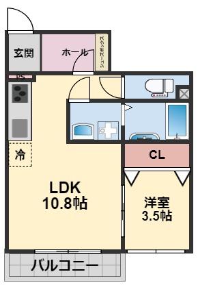 SORA-LA祝谷 弍番館(1LDK/1階)の間取り写真