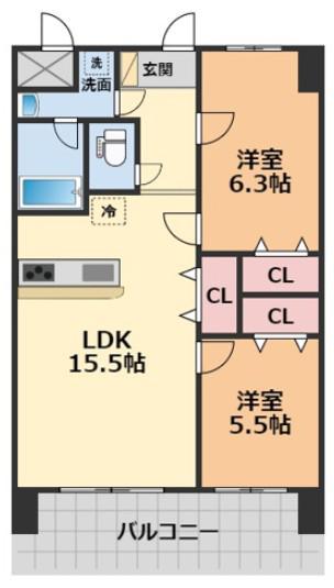 ブライムタワー古川(2LDK/6階)の間取り写真
