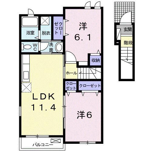 アンジェ・プロムナードA(2LDK/2階)の間取り写真