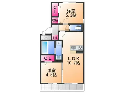 プラージュ SAKIGAKE(2LDK/2階)の間取り写真