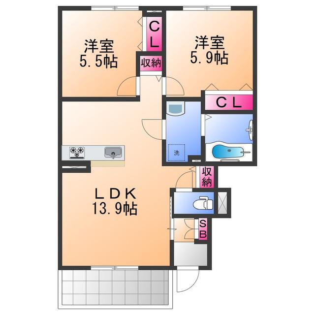 レスポワールE富木(2LDK/1階)の間取り写真