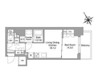 バウスフラッツ蔵前(1LDK/4階)の間取り写真